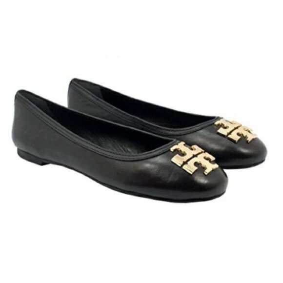 Tory Burch Black Leather Ballet Flats Golden Logo Size 10 Old Money Quiet Luxury - Picture 1 of 11